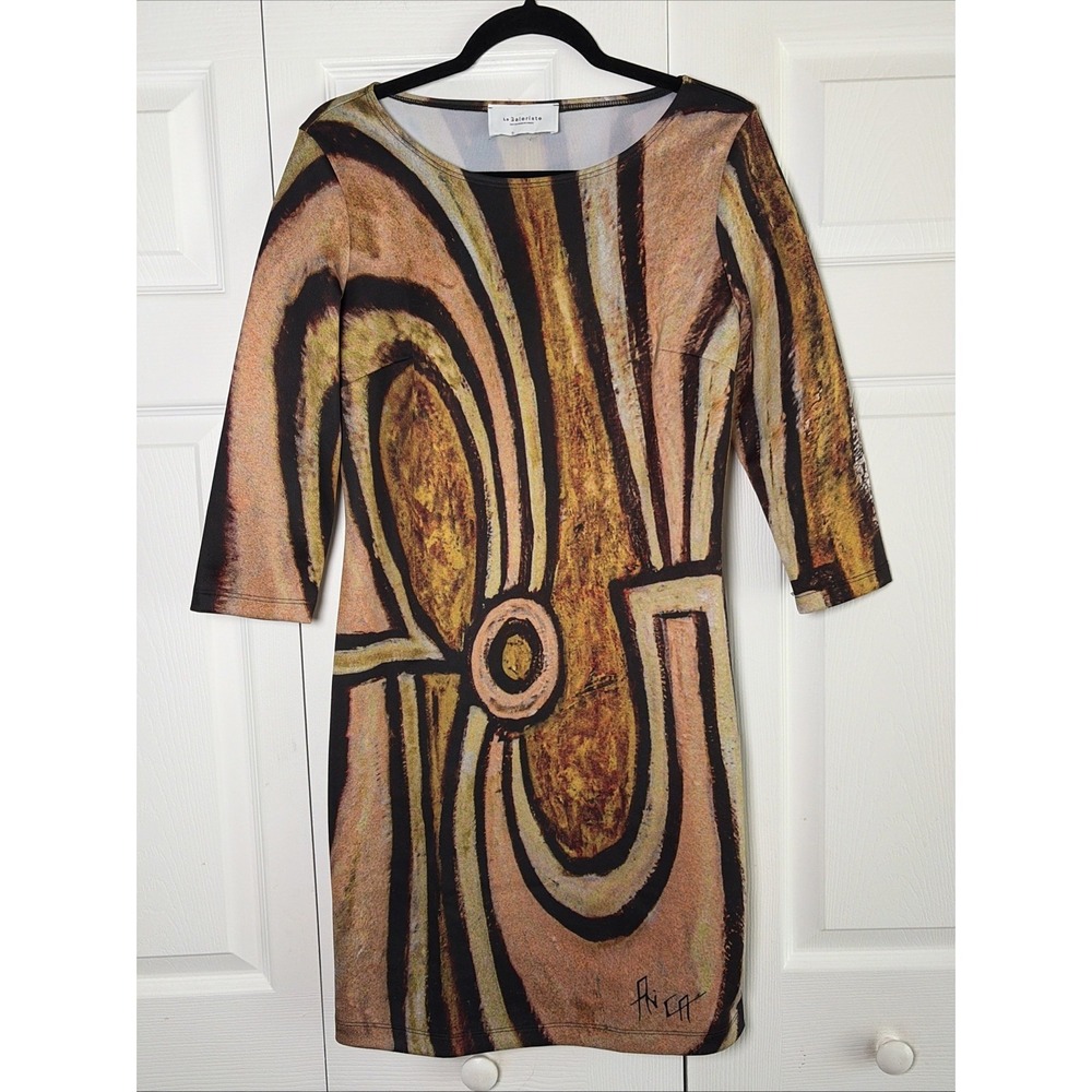 Le Galeriste Art Print Shift Dress Womens Size‎ S Brown Abstract Artsy Earthy